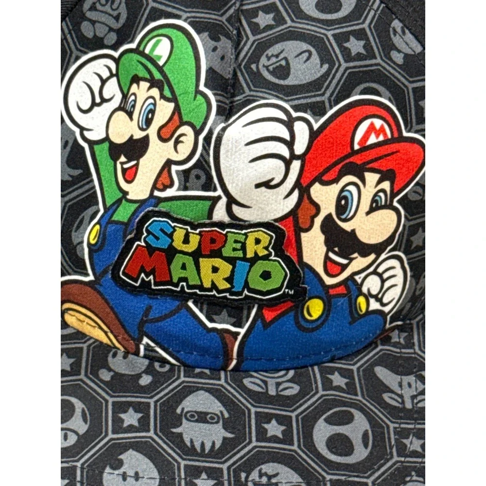 Nintendo Super Mario Luigi Snapback Hat Black Gray Power-Up Print Flat Brim Cap - Picture 2 of 6